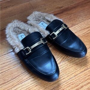 Mari A. Faux fur lined mules in black, size 6.5